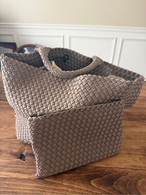 Naghedi Taupe Woven Tote with Matching Pouch